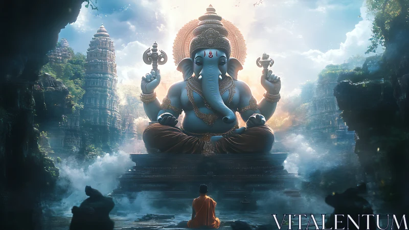 Majestic Ganesha temple vision in mist-soaked sacred valley.