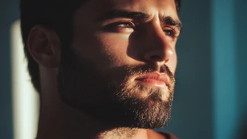 Bearded man gazes into warm sunset light with calm focus