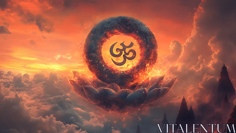 Sacred Om rising in a fiery lotus above dreaming clouds.