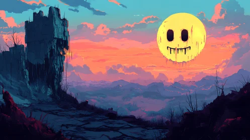 Strange smiling moon hangs above a dreamy ruined landscape
