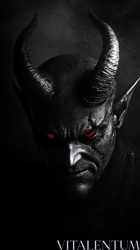 Horned demon portrait with glowing red eyes, dark background.