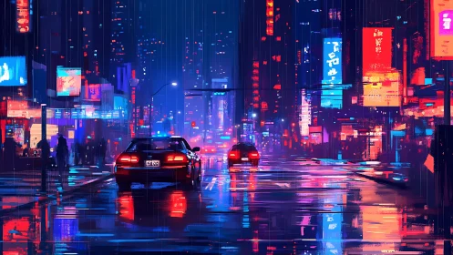 Neon rainstorms drench a midnight city of liquid lights.