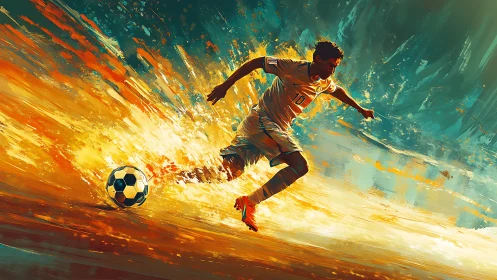 Kinetic digital painting of sprinting footballer and ball trail.