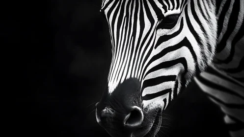 Zebra portrait shows bold stripes in moody monochrome light.