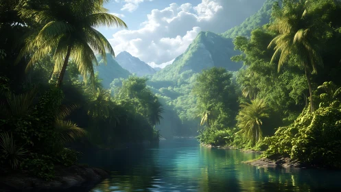 Tropical river valley with dense palm forest and mountains.