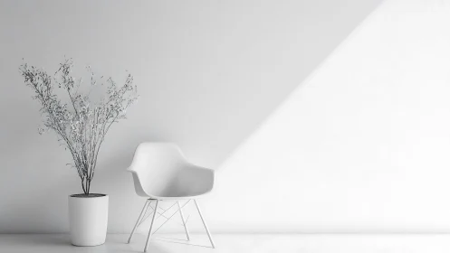 Minimalist white armchair and plant under diagonal sunlight