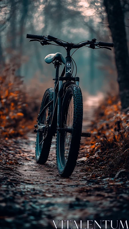 Mountain Bike on Forest Trail with Autumn Ground.