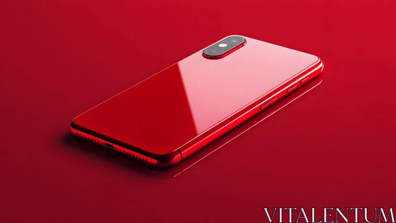 Sleek red smartphone on glossy surface, modern minimalist style.