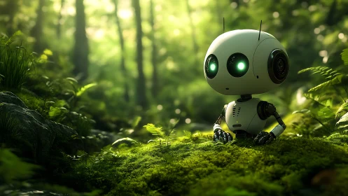 Small exploration robot rests in a glowing mossy forest.