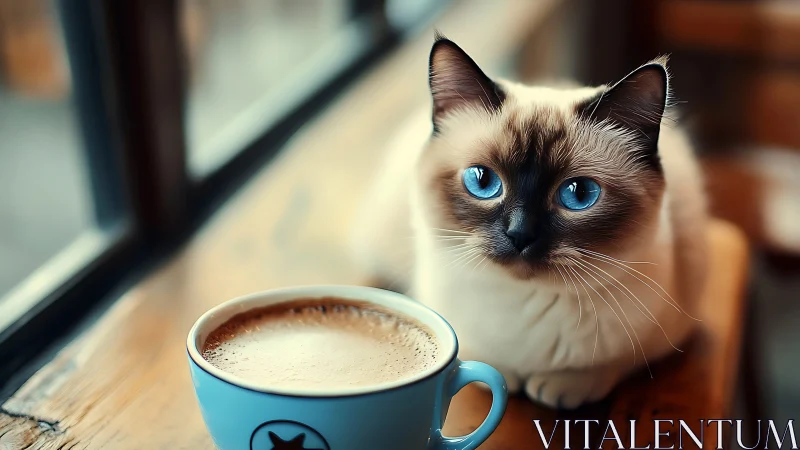 Siamese cat with striking blue eyes sits beside cappuccino mug.