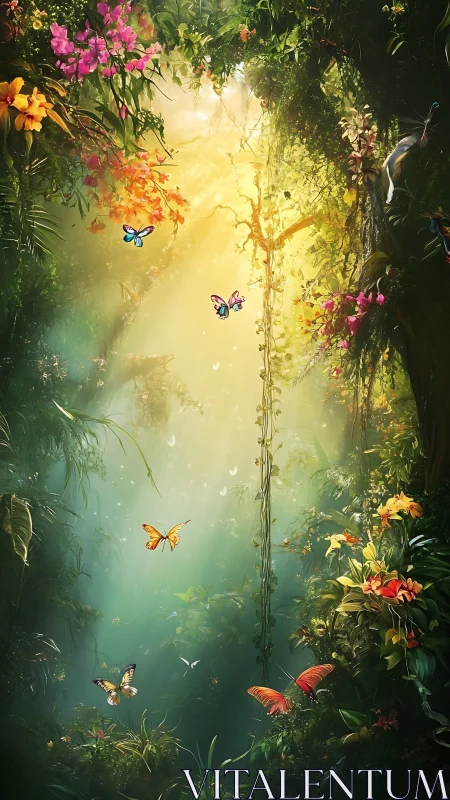 Luminous jungle clearing hosts radiant butterflies in flight.