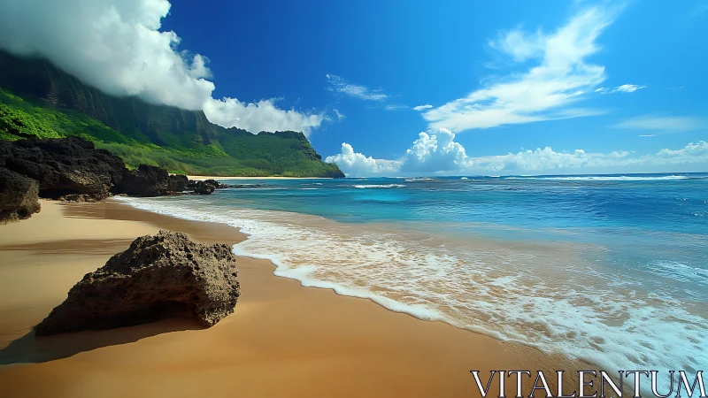 Tropical Paradise Beach With Green Cliffs and Azure Waters.