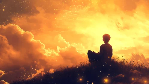 Solitary dreamer bathed in a sky of molten starlight.