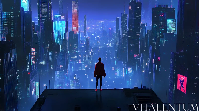 Lone caped figure surveys neon-drenched futuristic megacity skyline.