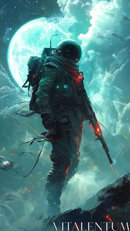 Lone armored astronaut strides through luminous lunar storm