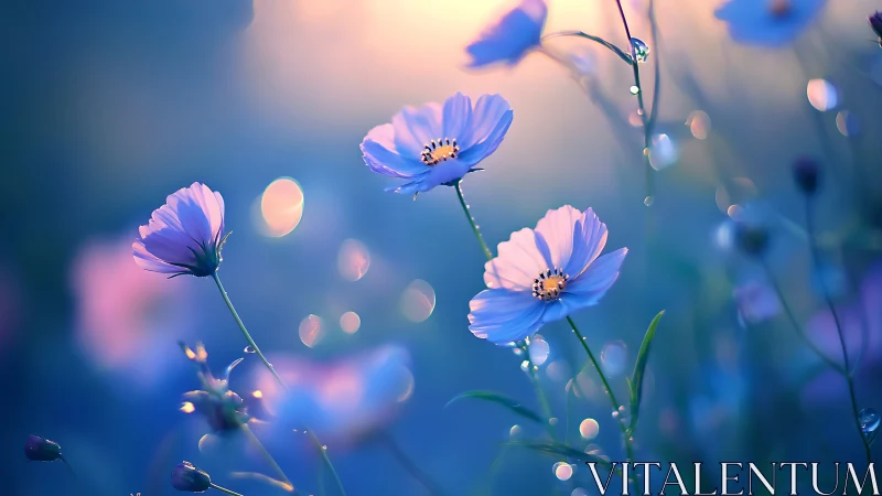 Dreamy Blue Cosmos Flowers Glow in Soft Light