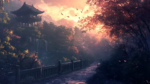 Sunlit temple path winds through misty autumn valley