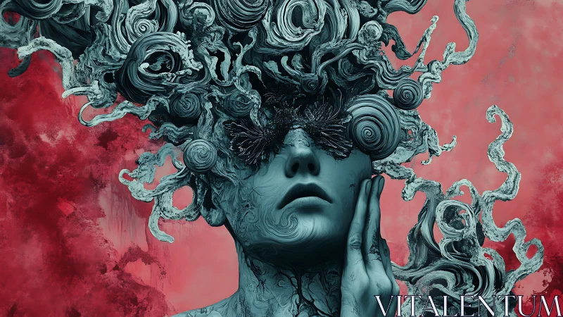 Surreal portrait with swirling organic hair and blind gaze.