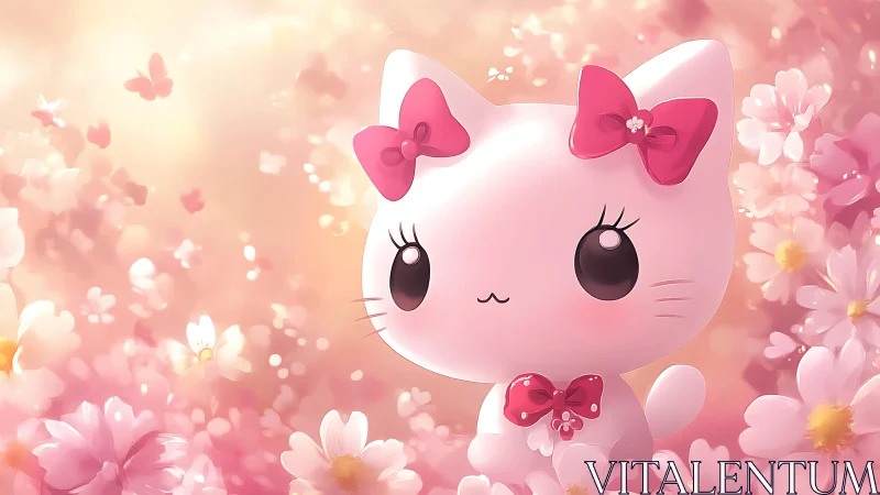 Cute pink cartoon kitten with bows in pastel flowers.