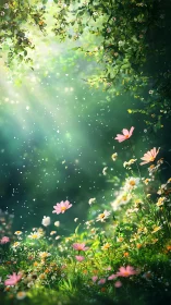 Serene Garden with Luminescent Bokeh and Blooming Flowers.