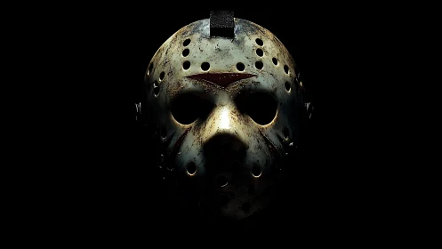 Weathered hockey mask emerges from darkness in eerie focus