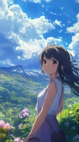 Anime girl standing on mountain hillside under bright sky.