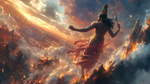 Mythic warrior figure amid burning cliffs and clouds.