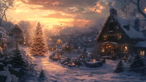 Snowy village glows around a warmly lit Christmas tree