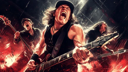 Digital painting of explosive rock band performance dynamics.