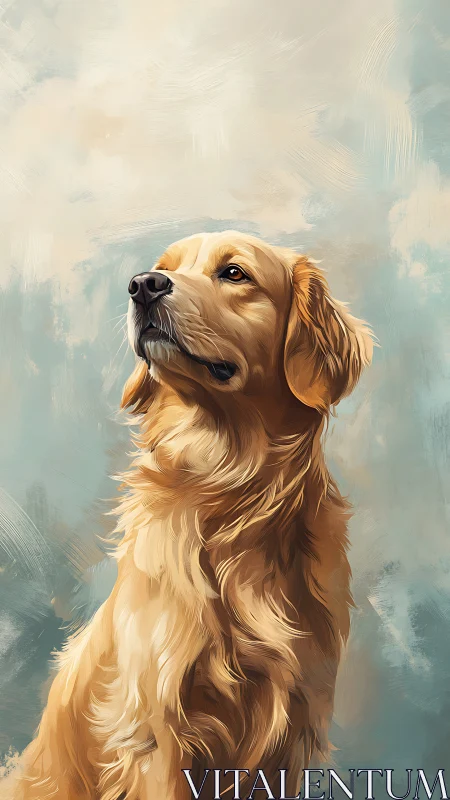 Golden retriever portrait against soft painted backdrop.