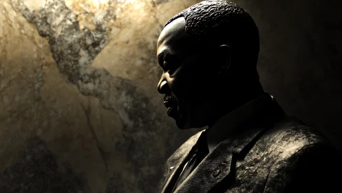 Side-lit digital bust of suited male figure against stone wall