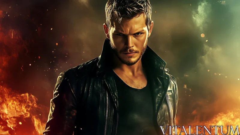 Leather-clad firebrand stalks through cinematic burning storm