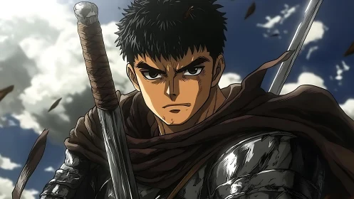 Stormy sky frames a determined anime warrior with sword drawn