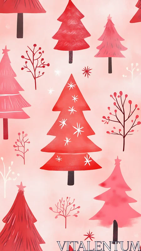 Stylized red Christmas trees with flat shading on soft gradient field