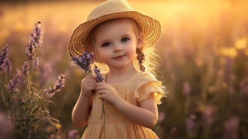 Young Girl in Lavender Field at Golden Hour. Straw Hat Portrait.