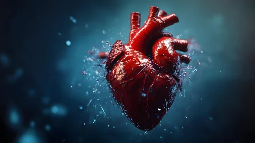 Realistic Human Heart Illustration with Dynamic Lighting Effects.