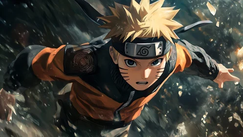 Dynamic blonde ninja in orange combat jacket mid-flight