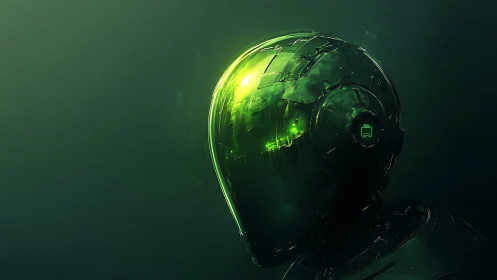 Neon green android helm with reflective translucent visor.