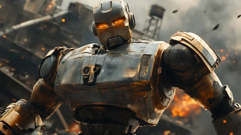 Weathered battle robot glowing with calm, steady power.
