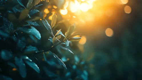 Dewy leaves in soft morning light, bokeh nature photography.