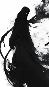 Hooded wraith silhouette with scythe in high contrast ink wash