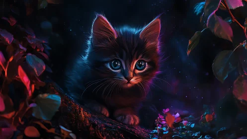 Neon Kitten in Bioluminescent Garden Under Starry Sky