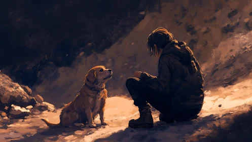 Solitary hiker and loyal dog converse in warm rim lighting