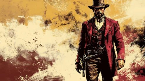 Gritty gunslinger in red coat against rough painted sky.