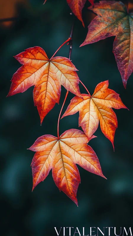 Scarlet maple leaves whisper against a deep teal hush.