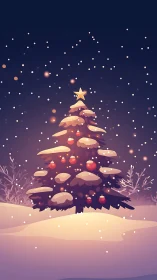 Snowy Christmas tree glows under starlit winter snowfall.