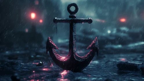 Rusted iron anchor glows pink under cinematic storm rain.