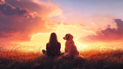 Golden hour friendship shared by a girl and her dog.