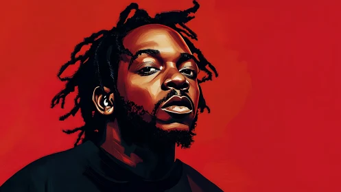 Bold digital portrait against intense red backdrop.