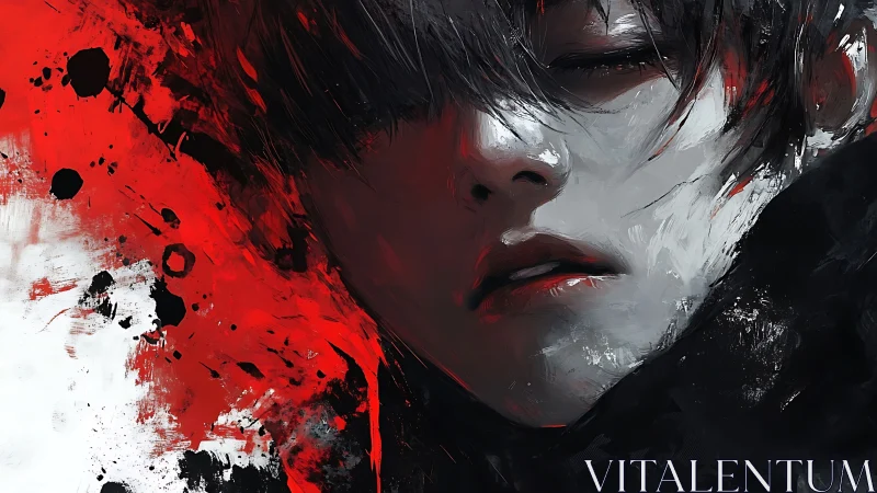 Moody digital portrait with red and black abstract splashes.